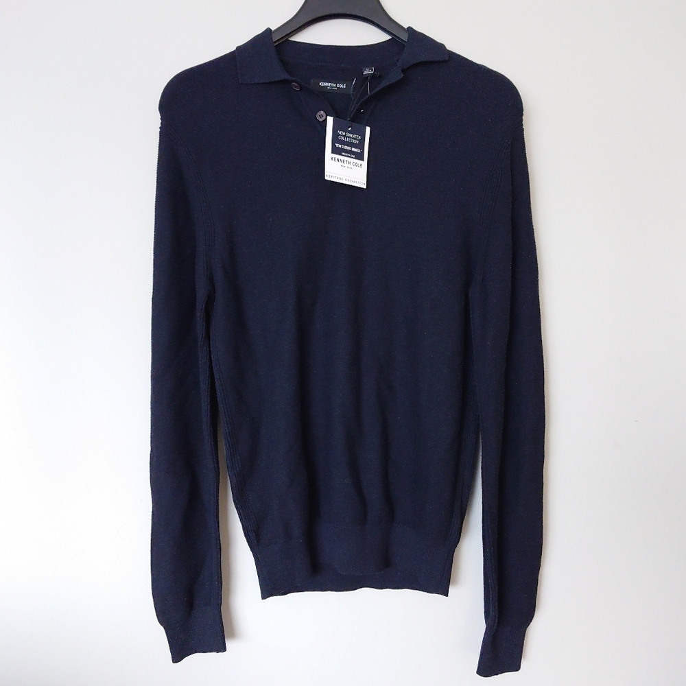 Kenneth Cole New York Long Sleeve Button Sweater Polo Navy Heather